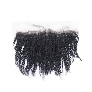 Afro Kinky Lace Frontal Hair: Virgin Brazilian Human Hair Style: Afro Kinky Color: 1B Natural Color Hair Length: 14" Weight: 2.5 oz Weft: 13"*4" Lace Frontal Coloring: Can lift up to #27